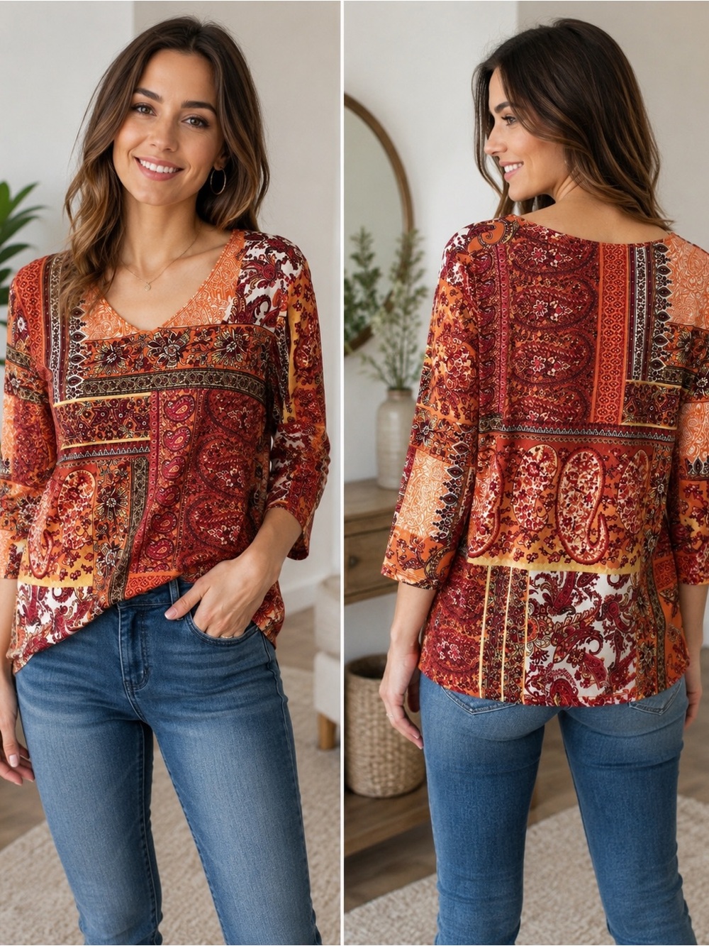 Chico's Patchwork Paisley V-Neck Tunic - Rust Multi